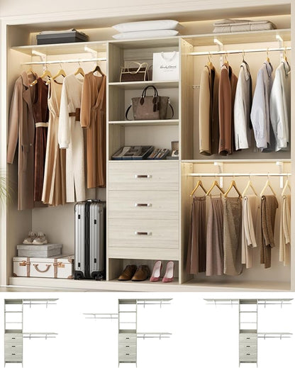 Closet System with 3 Drawers - 8FT Wood Closet Organizer with 3 Shelving Tower & Hanging Rods, 96" Walk-in Wardrobe Closet Organizer System for 4-8FT Spaces, Heavy Duty Garment Clothes Rack, White Oak