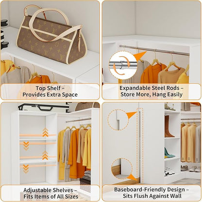 Corner Closet System with 6 Shelves, Custom 39.4"-78.8" Closet Organizer System with 3Hanging Rods, Walk in Corner Closet Organizers and Storage System, Freestanding Closet Storage System Corner,White