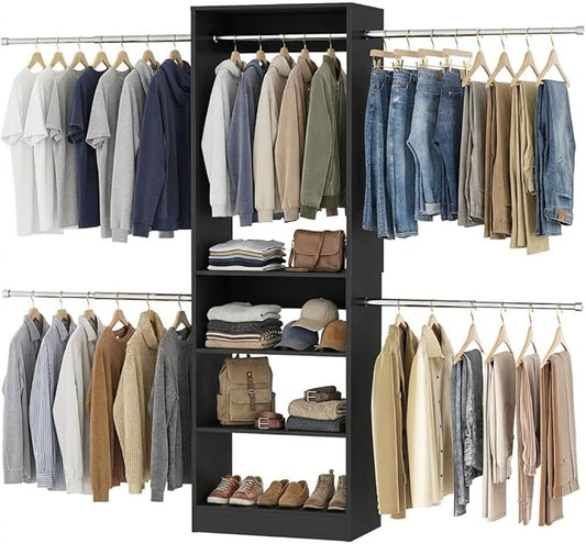 Homieasy Closet Organizer System, 4.5-10ft Modular Wooden Storage with 5 Hanging Rods & Shelving Tower, Adjustable for Walk-in Reach-in Bedroom Closets, Black