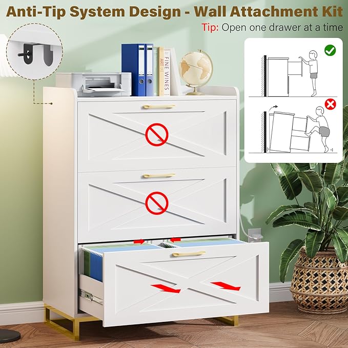 File Cabinet 3 Drawers Lateral File Cabinet with Charging Station for Letter/Legal/A4 Size Hanging Files, Large Wood File Storage Cabinets Printer Stand for Home Office, White and Gold