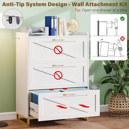 File Cabinet 3 Drawers Lateral File Cabinet with Charging Station for Letter/Legal/A4 Size Hanging Files, Large Wood File Storage Cabinets Printer Stand for Home Office, White and Gold