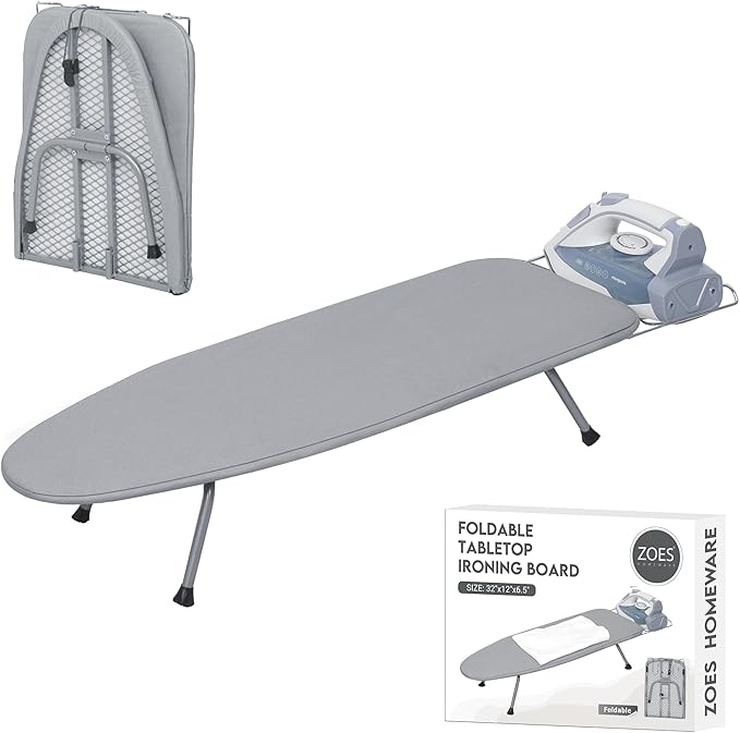 Ironing Board, Small Iron Board with Iron Rest, Mini Tabletop Ironing Board with Heat-Reflective Cover and 100% Cotton 8mm Thicken Pad, 31.5"x11.8"x6.2", Silver
