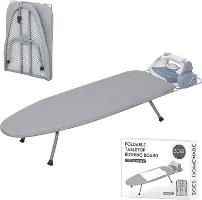 Ironing Board, Small Iron Board with Iron Rest, Mini Tabletop Ironing Board with Heat-Reflective Cover and 100% Cotton 8mm Thicken Pad, 31.5"x11.8"x6.2", Silver