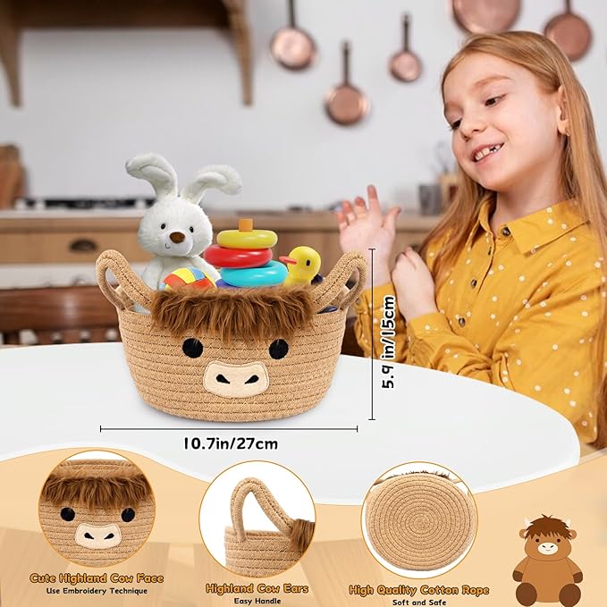 Small Highland Cow Basket Set for Nursery, 2PCS Woven Cotton Rope Storage Cow Basket, Cute Baby Blanket Gift Storage with Soft Ears Handles, Candy Towel Decor Gifts Bin, Pack of 2