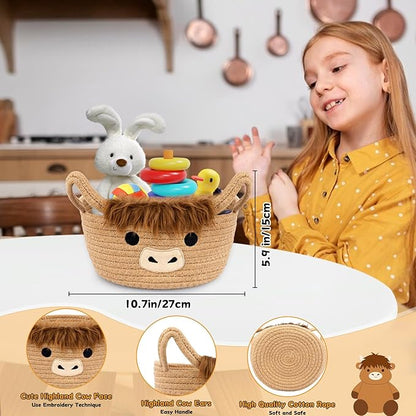 Small Highland Cow Basket Set for Nursery, 2PCS Woven Cotton Rope Storage Cow Basket, Cute Baby Blanket Gift Storage with Soft Ears Handles, Candy Towel Decor Gifts Bin, Pack of 2