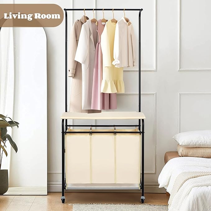 MYOYAY 3 Section Laundry Sorter with Garment Hanging Bar Rack Foldable Ironing Board, Laundry Basket Organizer Heavy Duty Laundry Hamper Rolling Cart with Lockable Wheels and 3 Removable Bags