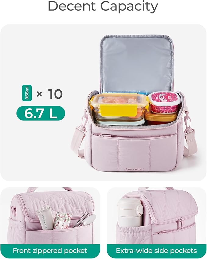 BAGSMART Insulated Lunch Bags for Women, Cute Quilted Lunch Box, Lightweight Puffy Padded Waterproof Lunch Tote, Reusable Lunch Cooler for Work Picnic Travel, Sage Green