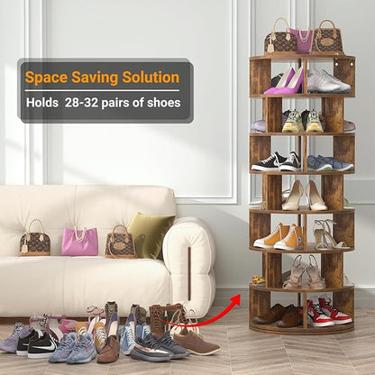 Aheaplus Rotating Shoe Rack Tower, 7-Tier Spinning Shoe Rack 360 Revolving Shoe Rack Organizer for Closet, Display Round Storage Carousel Shoes Closet Organization, Rustic Brown