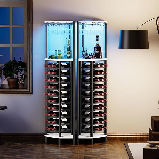Homeiju Corner Wine Rack with Glass Holder and Led Strip Light, Corner Bar Wine Racks Freestanding Floor, Industrial Corner Bar Cabinet for Kitchen, Dining Room, Living Room or Cellar