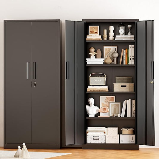 Greenvelly Metal Storage Cabinet, 63" H Locking Metal Storage Cabinet with Doors and 4 Shelves, Lockable Steel Cabinets for Kitchen, Bedroom, Living Room, Office (Black)
