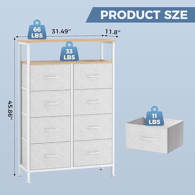 DUMOS TV Stands for Living Room with 8 Drawers, Tall 8-Drawer Chest of Drawers with Raised Shelf, Storage Tower with Fabric Bins for Organization, Hallway Storage, Light Grey