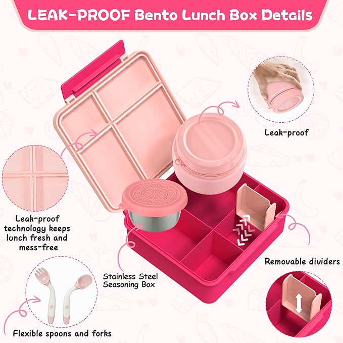 Kids Bento Lunch Box with 8oz Soup Thermo, Kids Leakproof Lunch Food Containers with 4 Compartment,Insulated Hot Food Jar with Lunch Bag for School, Travel (Pink)