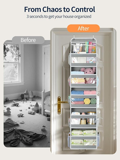 Yecaye 6 Tier Over the Door Organizer, Swing-proof Door Organizer Hanging with Clear PVC Windows, Behind the Door Storage for Bedroom Nursery Closet Laundry Pantry Bathroom, Grey