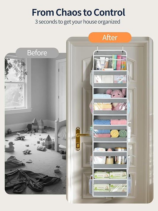 Yecaye 6 Tier Over the Door Organizer, Swing-proof Door Organizer Hanging with Clear PVC Windows, Behind the Door Storage for Bedroom Nursery Closet Laundry Pantry Bathroom, Grey