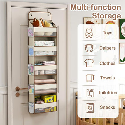 LAMU 5-Tier Over The Door Organizer Hanging, Swing - Proof Closet Behind Door Storage for Baby Clothes, Back of Door Organizers for Bedroom, Nursery and Bathroom, Beige, 1 Pack