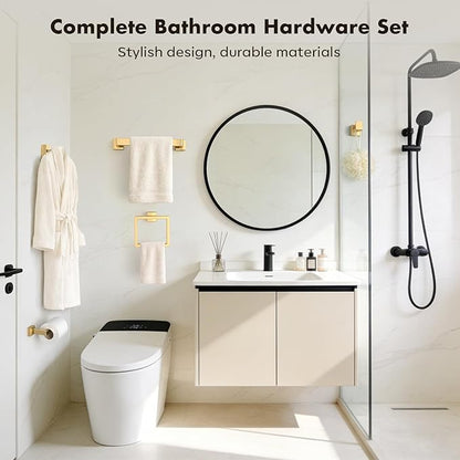 Bathroom Accessory Towel Bar Set: 5 Pieces Gold Bathroom Hardware Square SUS304 Stainless Steel - Wall Mounted Towel Rack&Toilet Paper Holder&Towel Ring and Towel Hook