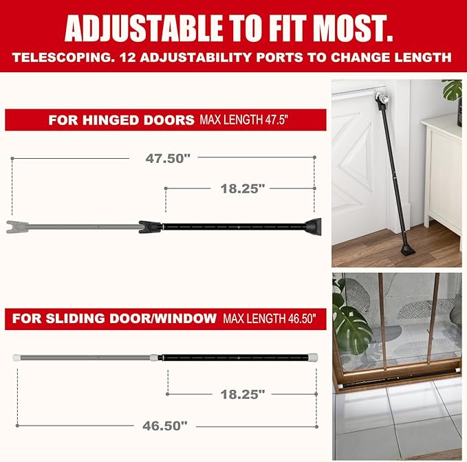 SECURITYMAN 2-in-1 Door Security Bar & Sliding Patio Door Security Bar (2 Pack) via Interchangeable Caps - Heavy Duty Iron Construction Door Stoppers Lock for Home, Apartment, Travel Hotel - Black
