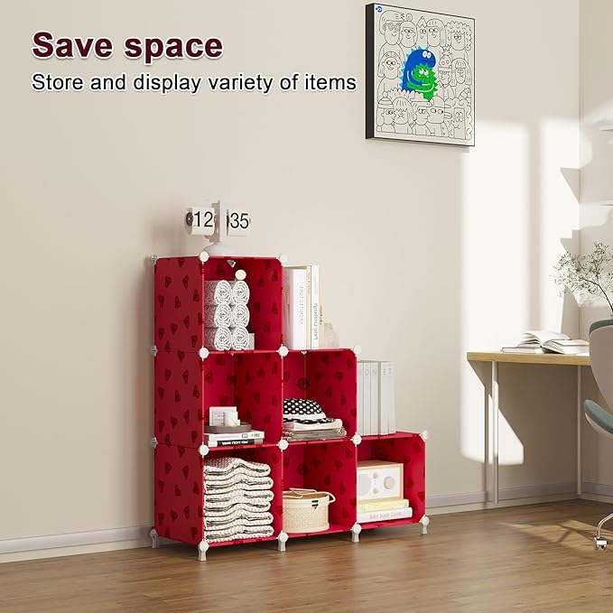UNKU Cube Storage Organizer, 6 Cube Closet Organizer Storage Shelves, DIY Stackable Bookcase, Clothes Organizer Shelf for Closet, Bedroom, Living Room, Cabinet, Home, Office, Red