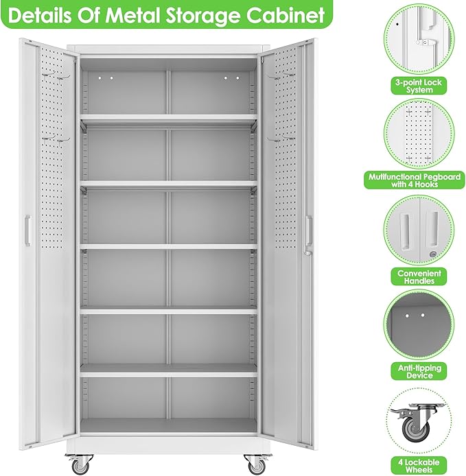 71" H Garage Storage Cabinet with Wheel, Metal Storage Cabinet with Doors,5 Adjustable Shelves and Pegboard for Garage Home Office,Required Assembly,White,71" H×32" W×16" D