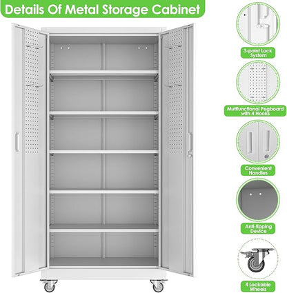 71" H Garage Storage Cabinet with Wheel, Metal Storage Cabinet with Doors,5 Adjustable Shelves and Pegboard for Garage Home Office,Required Assembly,White,71" H×32" W×16" D