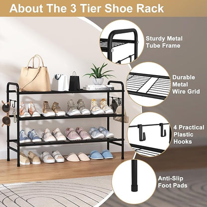 3 Tier Shoe Rack 33" Wide Metal Shoe Organizer Long Shoe Storage with 4 Side Hooks Sturdy Shoes Shelf for Front Door Entrance, Closet, Garage, Dorm, Black