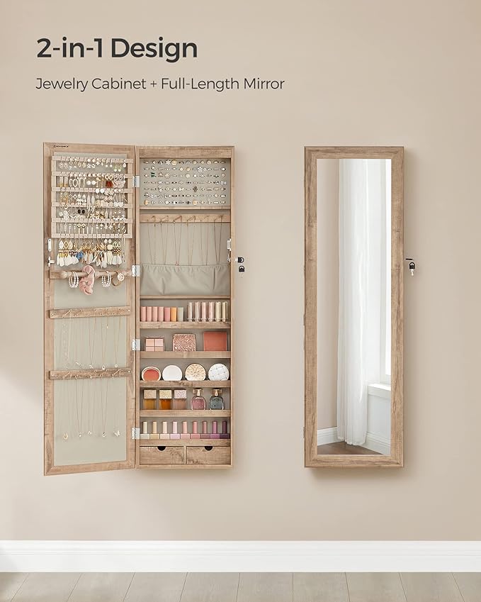 SONGMICS 6 LEDs Mirror Jewelry Cabinet, 47.2-Inch Tall Lockable Wall or Door Mounted Jewelry Armoire Organizer with Mirror, 2 Drawers, 3.9 x 14.6 x 47.2 Inches, Toasted Oak Color UJJC093N01