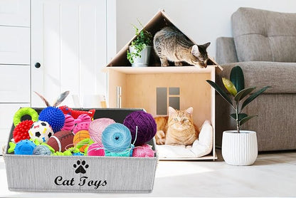 Geyecete Large cat Toys Storage Bins - Foldable Fabric Trapezoid Organizer Boxes with Weave Rope Handle, Collapsible Basket for Shelves,cat Toys,cat Apparel & Accessories(Gray-CAT)