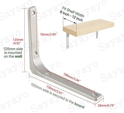 SAYAYO Heavy Duty Floating Shelf Brackets 6 Inch x 5 Inch, Stainless Steel Wall Shelf Brackets & Supports Brushed Nickel L Bracket, Angle Bracket Corner Brace for Wood, 4Pcs