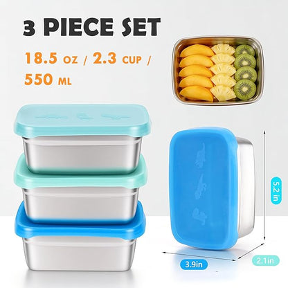 3-Pack Stainless Steel Snack Containers for Kids & Toddlers - 550ml (18oz) Leakproof Colorful Lids with Cute Dinosaurs | LFGB Certified, Stackable Metal Lunch Box for Daycare, School, Travel