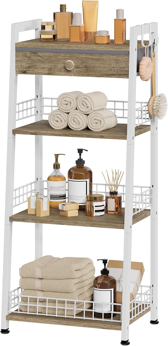 4-Tier Ladder Shelf with Drawer, Bathroom Table Stand for Small Space, Standing Bathroom Shelves with Storage for Living Room Kitchen Bedroom, Organizer Shelf, White