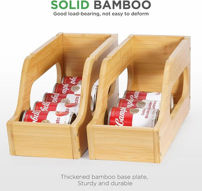2 Pack Bamboo Can Organizer for Pantry, Soup Can Dispenser Rack Drink Holders Stackable Canned Foods can Storage for Pantry Kitchen Cabinet Up To 26 Cans