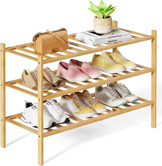 Kitsure Bamboo Wooden Shoe Rack for Closet - Stackable Shoe Organizer with Modular Structure, Space-Saving Shoe Shelf for Entryway, Living Room, Bedroom, 26.8" x 11" x 18.9", Natural