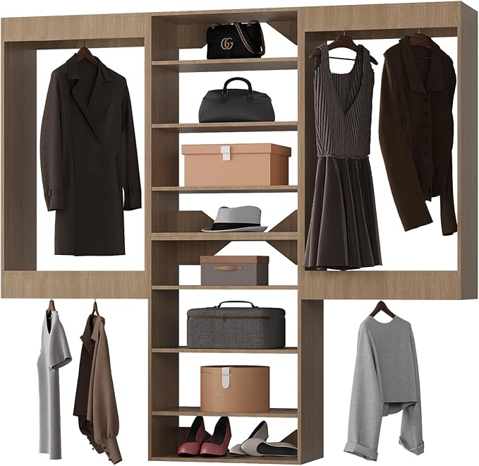 Modular Closet System, 84" Wide Closet Organizer System with Hanging and Towers, Wood Tower Closet Storage for Walk In Closets, Wall Mounted Wardrobe Organizer Kit System, Bedroom, Wood