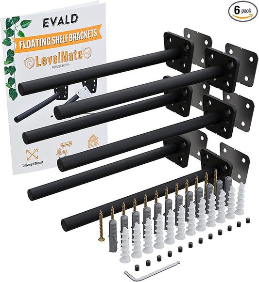 EVALD LevelMate™ 8-Inch Uni-Mount Floating Shelf Brackets | Hidden Black Carbon Steel Wall Supports for Wood Mantel, Kitchen Shelving, Bookshelves & Office Décor | Anti-Sag Pinol Screw System (6 Pack)