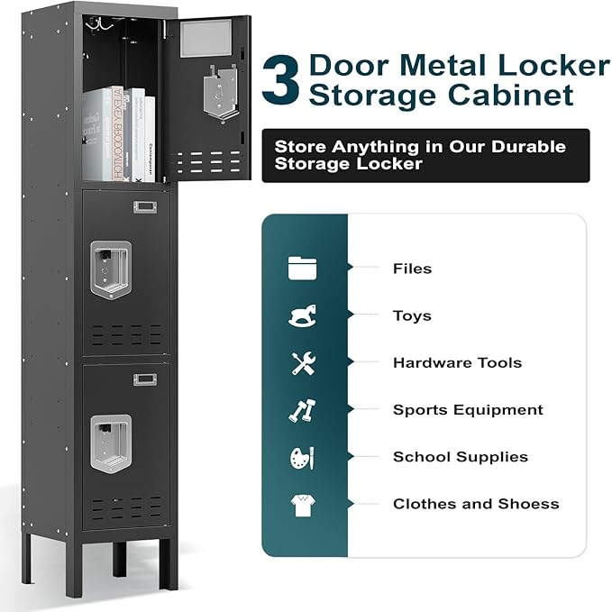 Metal Storage Locker with Lock & Card Slot Locker - Secure Lockable Door - Steel Locker for School, Office, Gym, Home - 66.15" H x 11.8" W x 11.8" D（3 Door, Black）