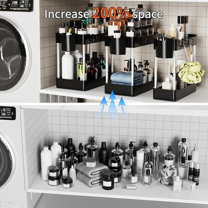 3 Pack Under Sink Organizers and Storage, 2 Tier Bathroom Cabinet Organizer Shelf with Hanging Cups for Kitchen & Bathroom (Black)