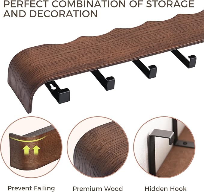Wall Coat Rack Floating Shelves Modern Coat Rack Wall Mount with Storage Entryway Shelf Wooden Hanger 20 Inch 4 Hidden Metal Hooks for Living Room Bedroom (Wavy Walnut Color, 8 Hooks)