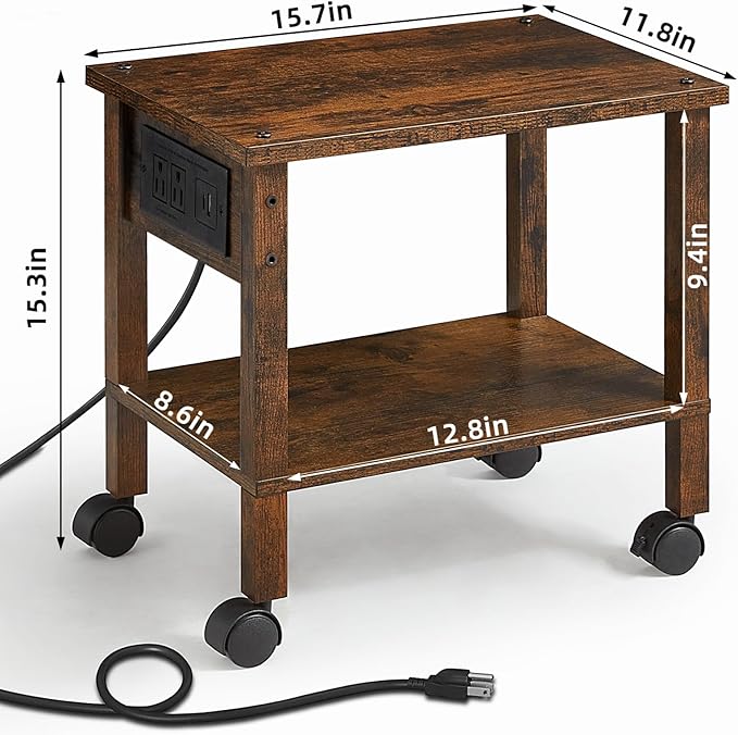 2 Tier Under Desk Printer Stand with Storage, Small Printer Table with Charging Station, Rolling Printer Cart Shelf with Lockable Wheels for Home, Office (Brown)