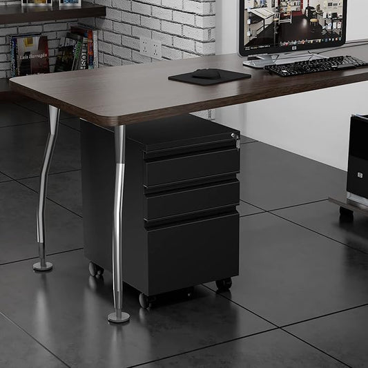 3 Drawer File Cabinet with Wheels, Metal Filing Cabinet with Lock, Office Rolling File Cabinets for A4/Legal/Letter Size, Assembly Required, Black
