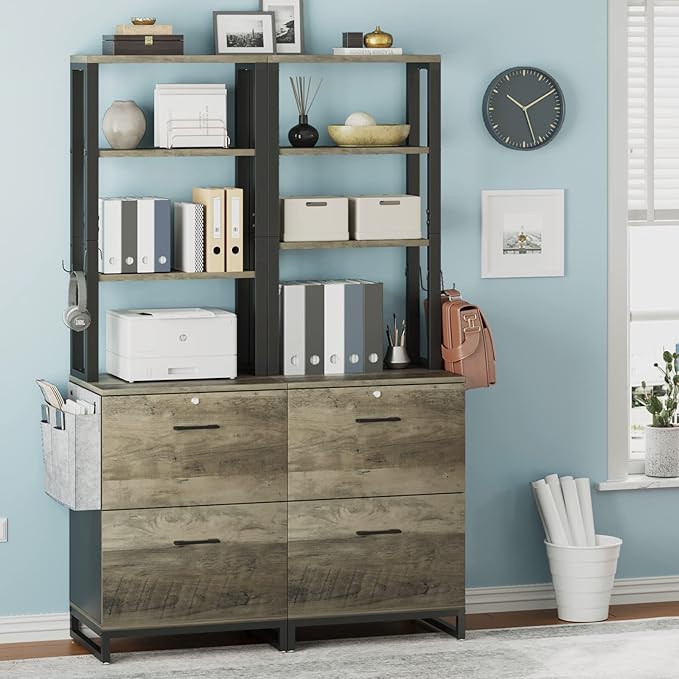 Itaar 2 Drawer File Cabinet with Lock, Filing Cabinet fits Letter, Legal, A4 Size, Hanging File Folders, File Cabinets for Home Office with Adjustable Storage Shelf and Hook, Grey