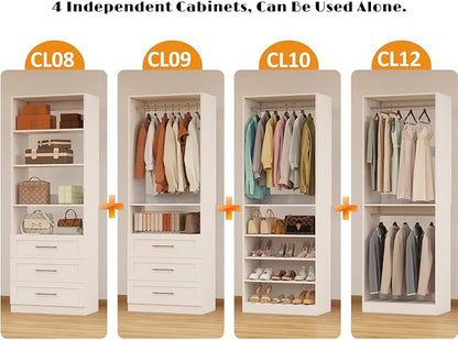 Closet System with 4 Sets, Closet Organizer Systems with 6 Drawers & 8 Hanging Rods & Adjustable Shelves, Walk in Closet Freestanding Closet System Modular Closet System Set White