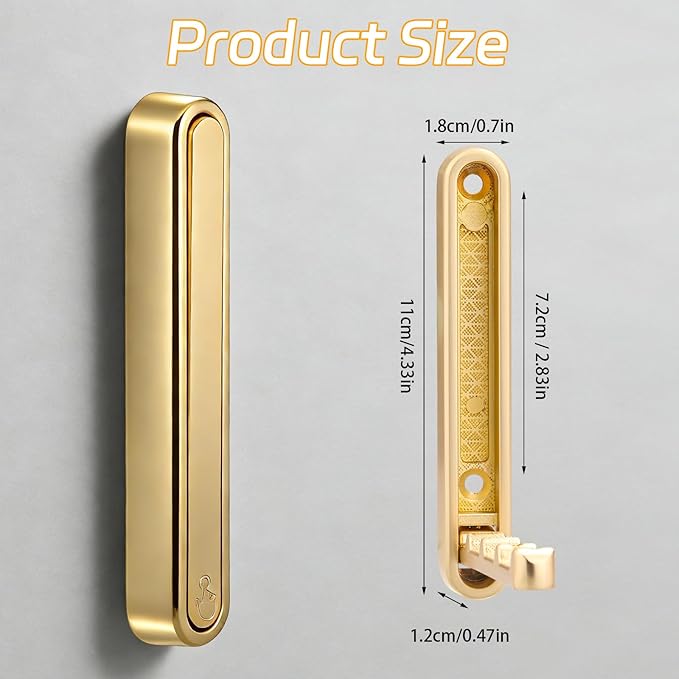 2 Pcs Extended Folding Coat Hooks Wall Mounted, 4.33 in Gold Foldable Wall Hooks Heavy Duty Valet RV Hooks Bathroom Towel Hooks Robe Hooks for Hanging Towels Clothes Coat Hat Bags
