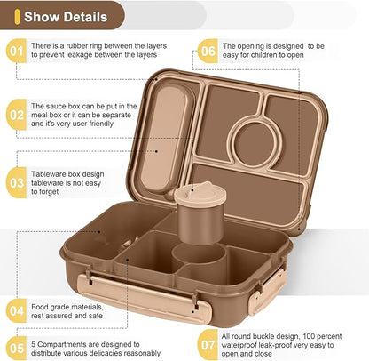 Bento Box Adult Lunch Box Kids,Lunch Containers for Adults/Kids/Toddler,5 Compartments Bento Lunch Box with Sauce Vontainers,Microwave & Dishwasher & Freezer Safe,BPA-Free (Brown)