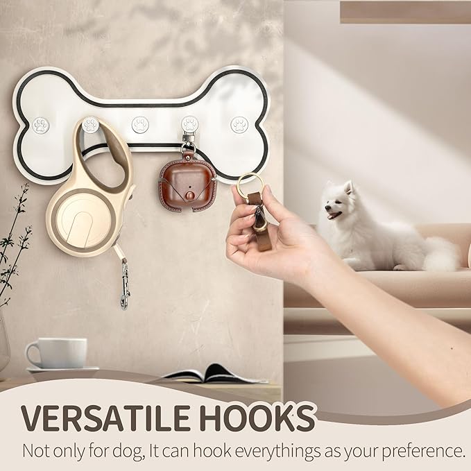 MTERSN Modern Farmhouse Dog Leash Holder for Wall - Decorative Key Hooks Wall Mount with Bone Shape and Coat Hanger for Entryway - Pets Accessories Storage for Dog Lover Gifts (Black & White)