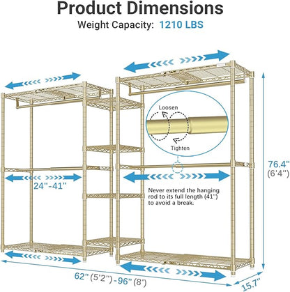 VIPEK X3 Expandable Heavy Duty Clothes Rack Adjustable from 5'2" to 8' with Adjustable Shelves and Hanger Rods, Large Freestanding Clothing Racks Reach-in & Walk-in Closet, Max Load 1210LBS, Gold