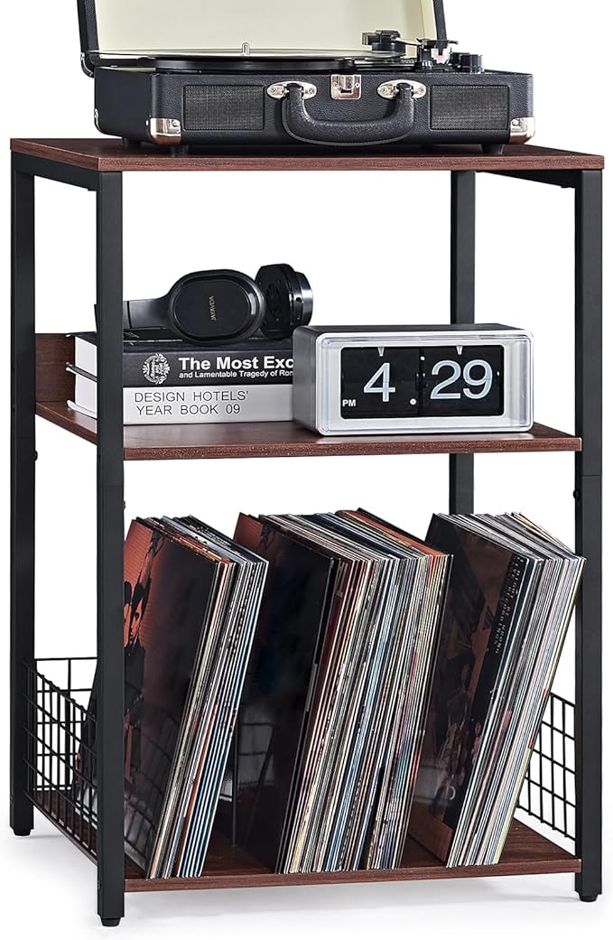 LELELINKY Walnut Oak 18" Wide End Table,3 Tier Large Record Player Stand with Storage Up to 130 Albums,Modern Turntable Stand, Records Vinyl Shelf for Living Room, Bedroom, Printer Desk for Home Office