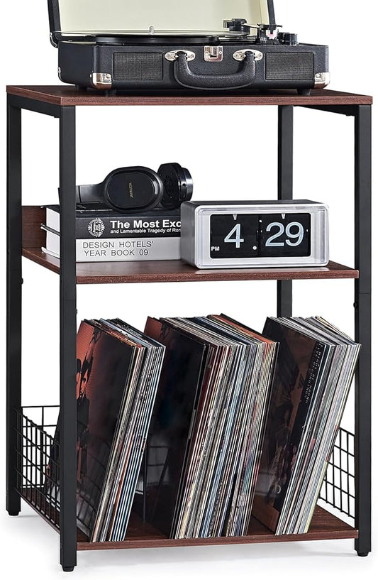 LELELINKY Walnut Oak 18" Wide End Table,3 Tier Large Record Player Stand with Storage Up to 130 Albums,Modern Turntable Stand, Records Vinyl Shelf for Living Room, Bedroom, Printer Desk for Home Office