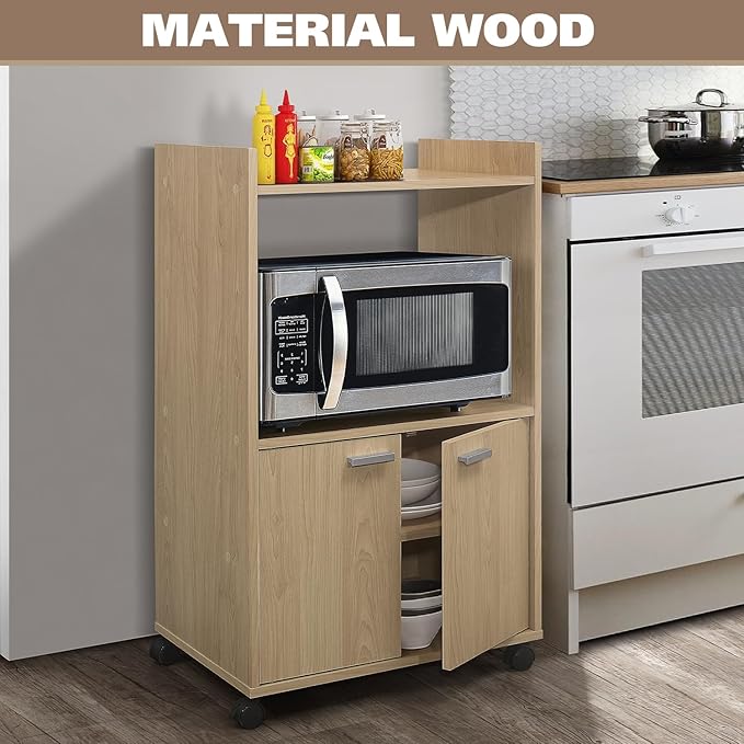 Kings Brand Furniture Ayla Microwave Cabinet with Storage and Upper Shelf for Kitchen Appliances - 2 Door Cabinet Kitchen Storage Cart - Wood Kitchen Cart with Lockable Castors Wheels - Beech