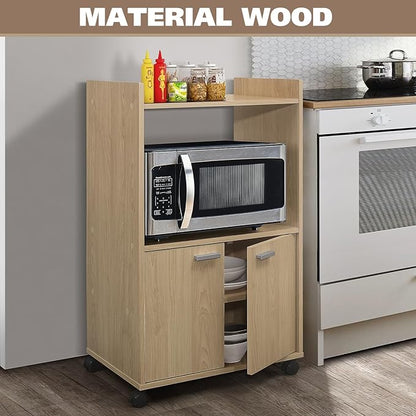 Kings Brand Furniture Ayla Microwave Cabinet with Storage and Upper Shelf for Kitchen Appliances - 2 Door Cabinet Kitchen Storage Cart - Wood Kitchen Cart with Lockable Castors Wheels - Beech