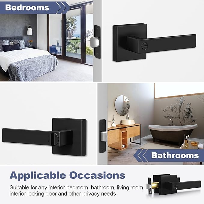 Estmoon 6 Pack Matte Black Door Handle, Keyless Interior Door Knobs Square Privacy Door Levers Heavy Duty Door Locks for Bedroom Bathroom, Reversible Interior Handles for Left & Right Handled Doors